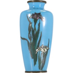 Japanese Blue Enamel and Cloisonne Iris Flower Cabinet Vase 5 inches height