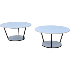 Pair Harvey Probber Style Mid Century Modern Round Marble Top Large 35.5" Diameter Side End Tables