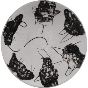 Studio Art Glass Charger Plate with a marbled feather pattern Black and White 18 inches diameter