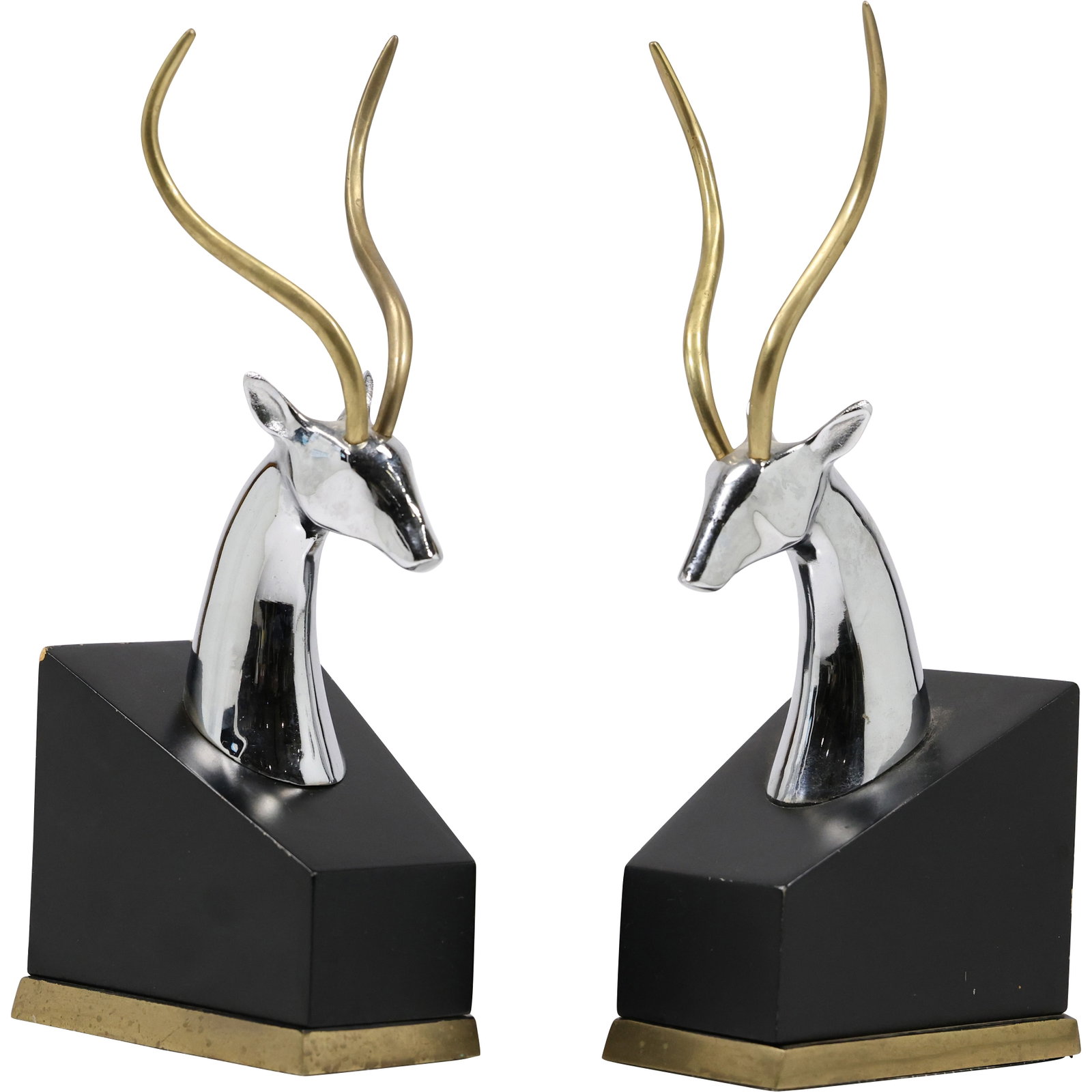Hollywood Regency Gazelle Bookends in Chrome and Brass 11.5 in. height: Hollywood Regency Gazelle Bookends in Chrome and Brass 11.5 in. height size: 11.5h 3.5w S:E