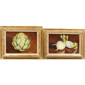 2 Signed Leighton, Brusssel Sprout, Raddish Still Life Oil on Board Paintings, Labels on Verso