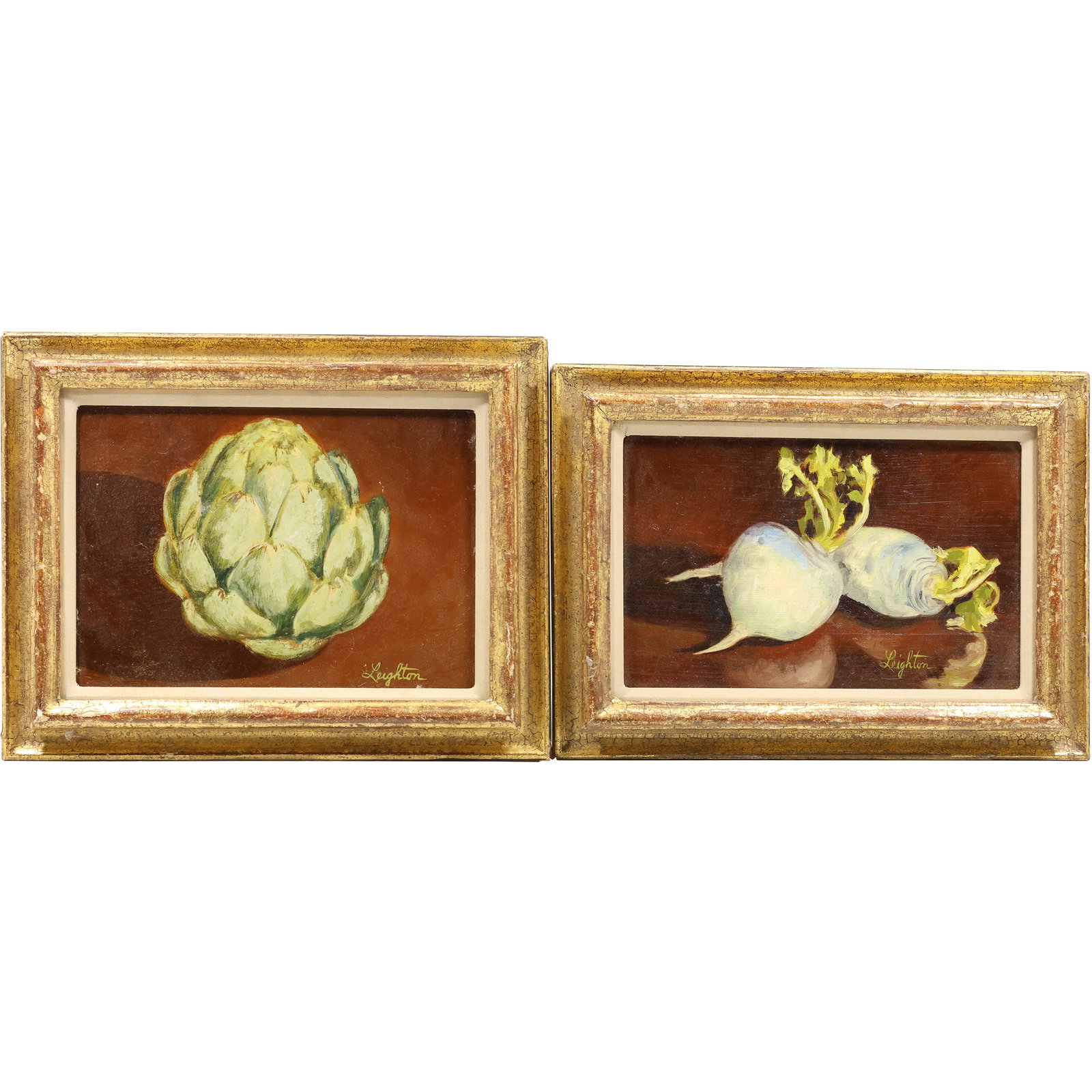 2 Signed Leighton, Brusssel Sprout, Raddish Still Life Oil on Board Paintings, Labels on Verso (1 of 14)