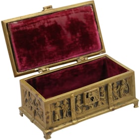 19th C. Bronze GOTHIC Casket Jewely Box with Gothic Arches and Figures