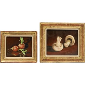2 RUTH LEIGH, Still Life Oil on Board Paintings Onions and Mushrooms, Framed, Labels on Verso