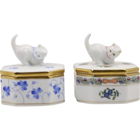 2 Herend Hand Painted  Octagon Porcelain Cat Trinket Boxes