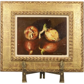 Signed Ruth Leighton, "Red and Yellow Onions" Oil on Board Painting, Framed