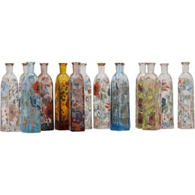 Set of 14 Floral Design Decorative Glass Bottles / Table Top Vases