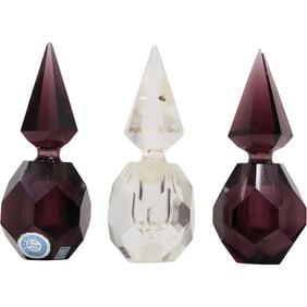 [3] I W Rice, Art Deco Faceted Perfume Bottles, 2 are Purple Amethyst, 1 is Crystal Glass