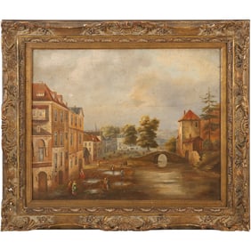 19th CENTURY VIEW of OLD FLEMISH MARKET TOWN Oil on Board Painting, Framed