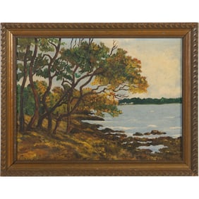 Signed Handley, Vintage Oil on Board Painting Trees at Coastal Seascape, Framed