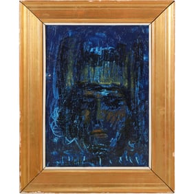 Spanish Oil on Canvas Painting Dark Blue Portrait of a Man Wearing Hat, Framed