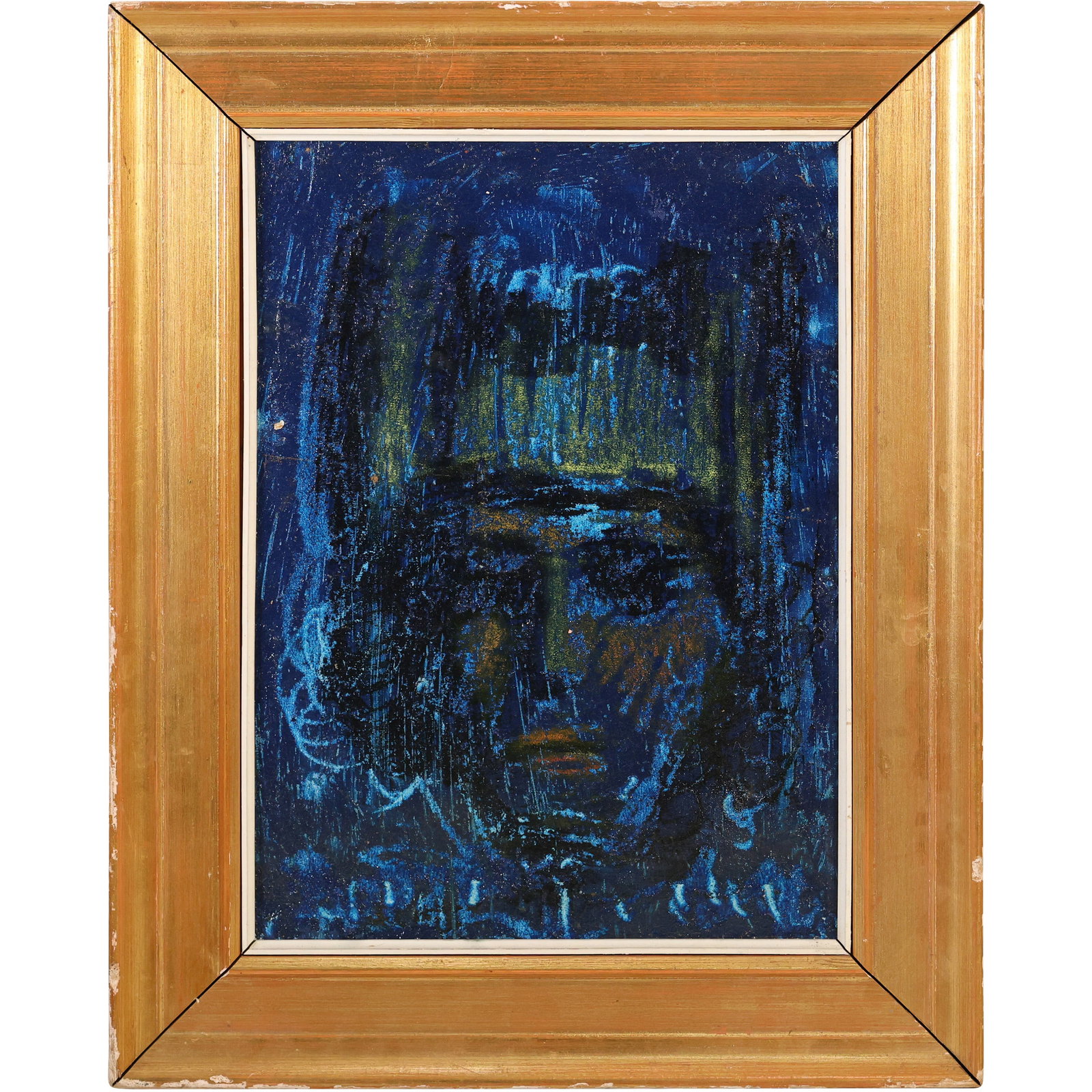 Spanish Oil on Canvas Painting Dark Blue Portrait of a Man Wearing Hat, Framed (1 of 11)