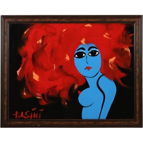 Thomas Pulgini, American, Pop-Art Abstract Oil on Board Painting BLUE WOMAN WITH CRAZY RED HAIR