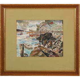 Signed Geo. H. Cooper, Vintage Watercolor Painting Inlet Coastal Fishing Wharf with Boats