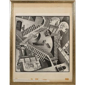 M.C. Escher's iconic 1953 lithograph Print, "Relativity". , Framed