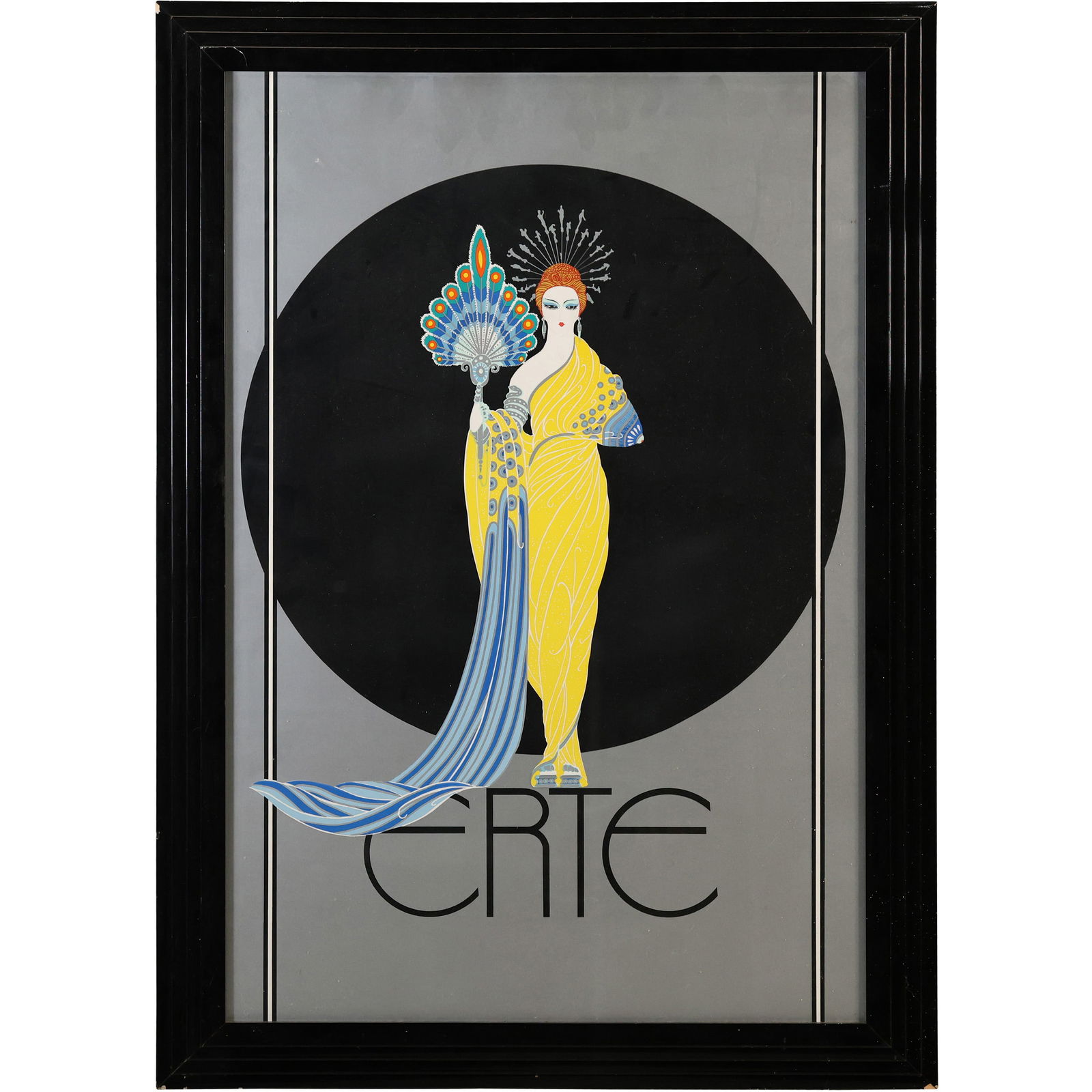 framed poster of Erté's "Goddess in Yellow," created in 1982. Erté, born Romain de Tirtoff,: framed poster of Erté's "Goddess in Yellow," created in 1982. Erté, born Romain de Tirtoff, was an influential 20th-century artist known for his Art Deco style, which permeated fashion, art, and des