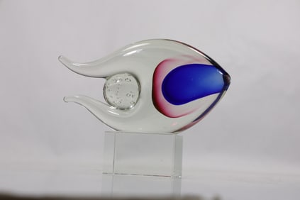 Art Glass hand blown fish red and blue with orb on glass block 9 inches height