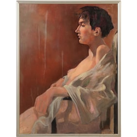 Circa 1940s Oil on Canvas Painting Profile Seated Nude Woman with Draped Shawl