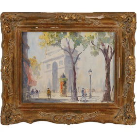 Plein Air oil painting of a Parisian street scene featuring the Arc de Triomphe.