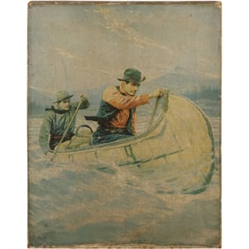 19th C. Chromolithograph on Canvas "Trappers in a Canoe" by Arthur Hutchins (1887-1919).