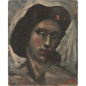 Artist Signed and Dated 1960, Oil on Canvas Painting, Portrait Woman Wearing a Hat
