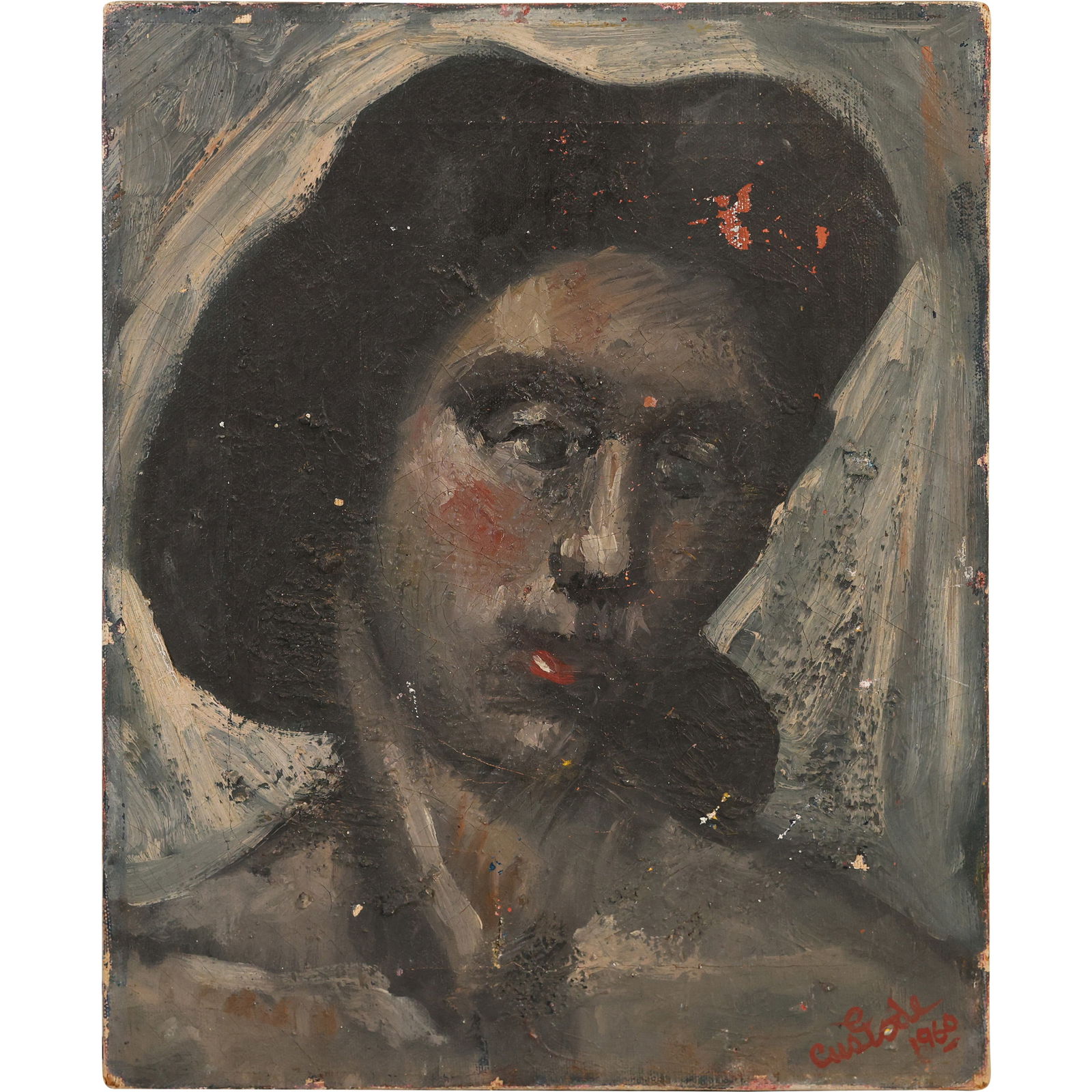 Artist Signed and Dated 1960, Oil on Canvas Painting, Portrait Woman Wearing a Hat (1 of 10)