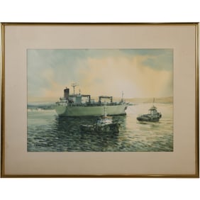 Signed J H Arevalo Silva, Fine Watercolor Painting Cargo Bosat Assisted by Tugboats in Harbor