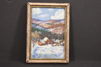 H A Moore 1940, Small Oil on Board Painting New England Winter Landscape, Signed Dated on Verso