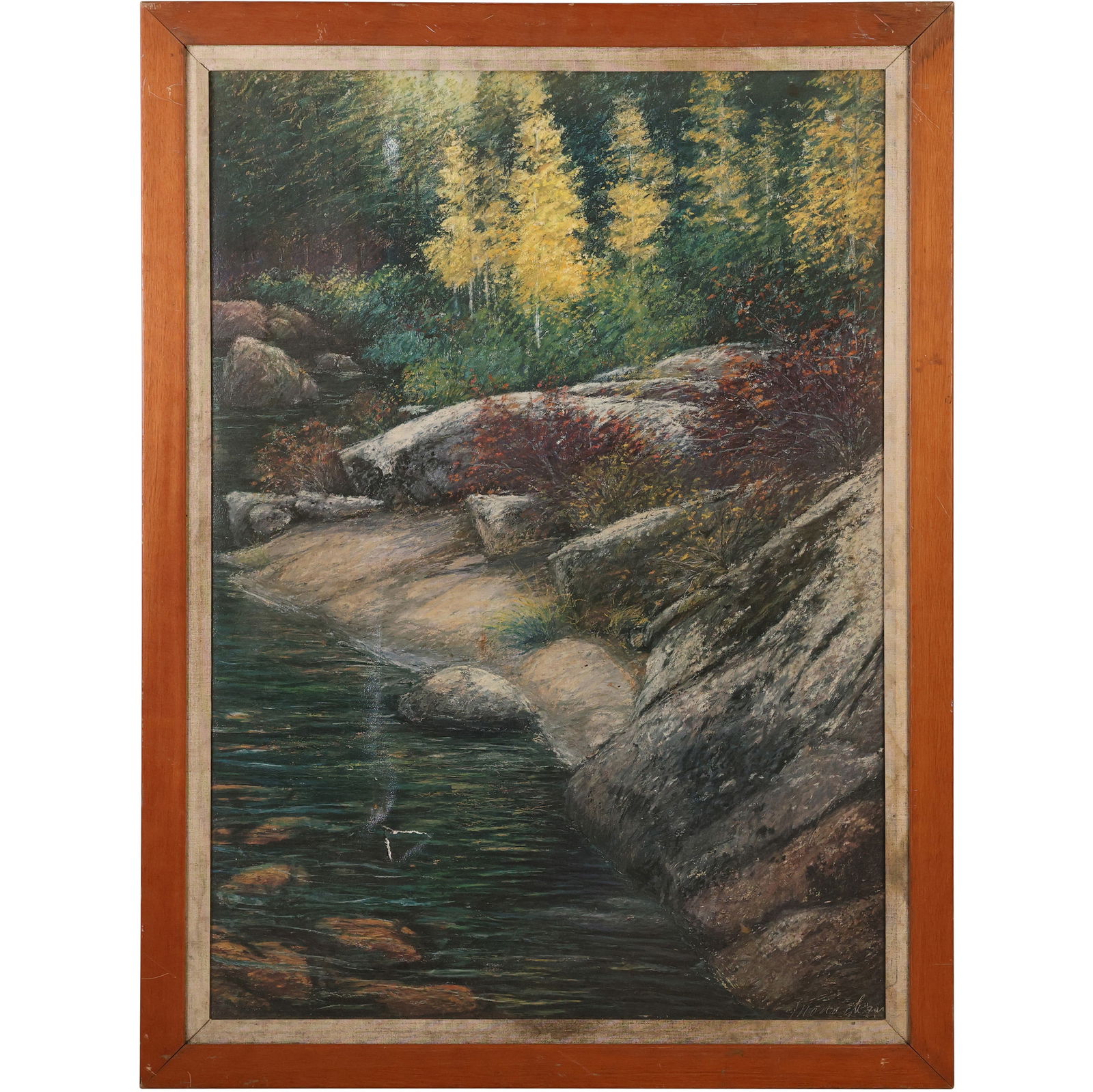 Signed Monaghan, Vintage Oil on Canvas Painting Woodland with Rocky Bed Stream, Framed: Signed Monaghan, Vintage Oil on Canvas Painting Woodland with Rocky Bed Stream, Framed. size: 24 x 33 outside frame 28 x 38