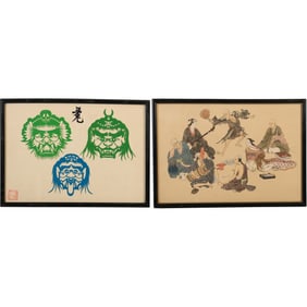 two framed pieces of Japanese Art Woodbocks, Mythological Faces, Figures Enjoying Life