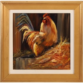 Artist Signed, Fine 20th C. Oil on Canvas Painting ROOSTER in Barn Stable, Framed