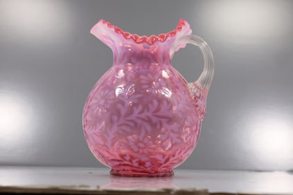 Fenton Cranberry and Opalescent Art Glass Pitcher,  Daisy and Fern pattern