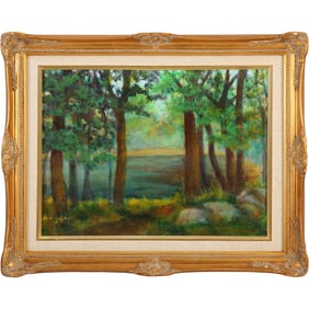 Artist Signed Fine Quality 20th C. Oil on Canvas Painting Landscape with River "View From Deck"