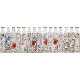 14 Assorted ITALIAN Glass Bottles / Bud Vases Printed Flowers All Over, 7 in. height
