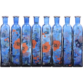 Set 8 Italian Blue Glass Bottles / Bud Vases with Printed Flowers Decoration 7 in. height