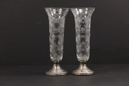 pair of Cambridge Chantilly Elegant Glass & Sterling Silver Weighted Trumpet Vases. 8.5 in. height