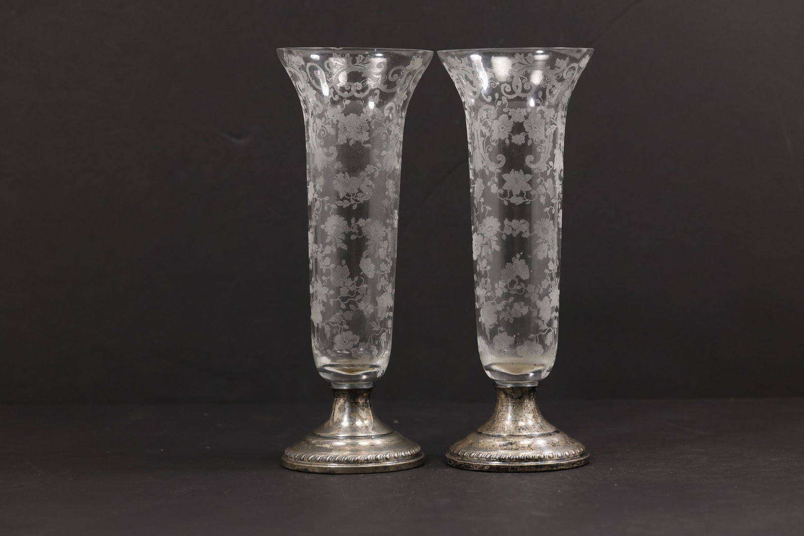 pair of Cambridge Chantilly Elegant Glass & Sterling Silver Weighted Trumpet Vases. 8.5 in. height (1 of 11)