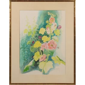 Catherine Dean; 20thC. British Watercolor - Hollyhocks Signed
