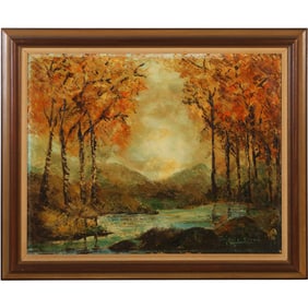 Artist Signed Illegible, Vintage Oil on Canvas Painting Autumn Landscape with River /Stream