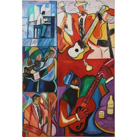 Signed Brian Maycock, Oil on Canvas Painting, Multiple Jazz Musicians, Colorful