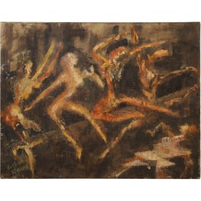 Esther Davis, American, Circa 1940s Modernist Oil on Canvas Painting Figures in Motion Dancing