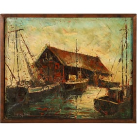 Eugenia V. Dunn (1918 - 1971] Kentucky, Oil on Canvas Painting Docked Fishing Boats at Wharf