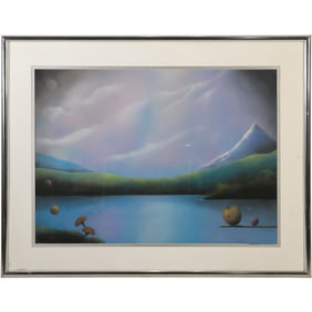 Quality Framed Painting Surrealism Mountainous Lake with Mushrooms