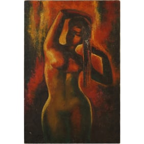 Vintage Oil on Canvas Painting Standing Nude Female Combing Hair, 36 in. x 24 in.