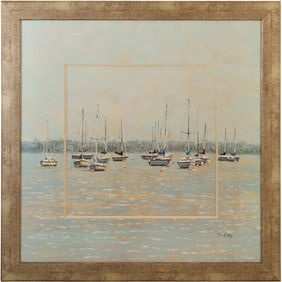 Artwork "Harbor Dawn" by Tim Coffey.  Moored Sailing Boards in a Harbor Scene