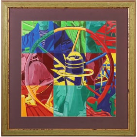 colorful, abstract painting pop art or cubist style, featuring a ship's steering wheel in center