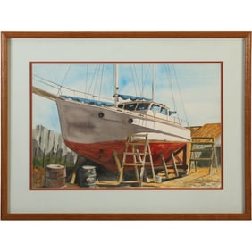 James Ryan, Quality Watercolor Painting Fishing Boat on Dry Dock, Framed