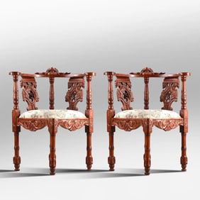 Pair Continental Carved Walnut Corner Chairs 35 in. height x 22 in. wide