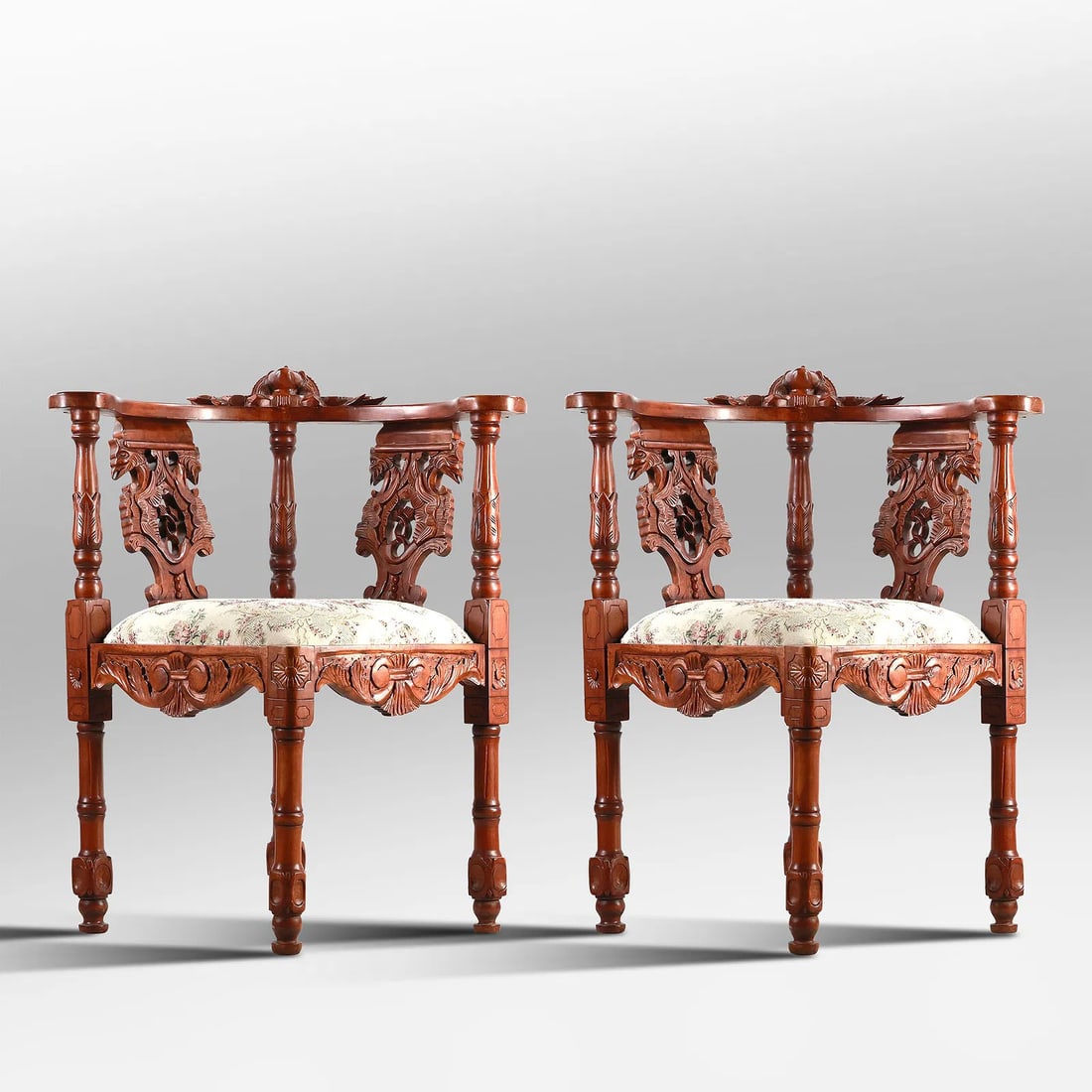 Pair Continental Carved Walnut Corner Chairs 35 in. height x 22 in. wide (1 of 20)