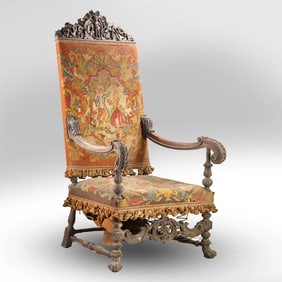 attributed to R J Horner, Tall Carved Walnut Courtship Scene Renaissance Tapestry Throne Chair